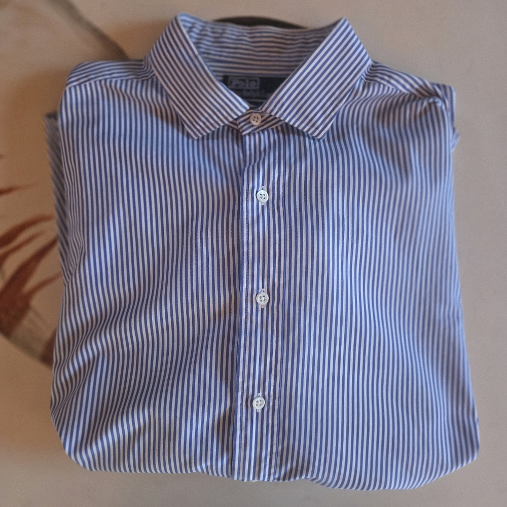 Polo Ralph Lauren Blue White Vertical Stripe 100% Cotton Dress Shirt Neck 17.5